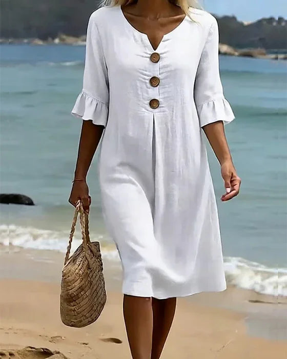 Vanesa™ | Vestido de lino texturizado con mangas abullonadas y botones