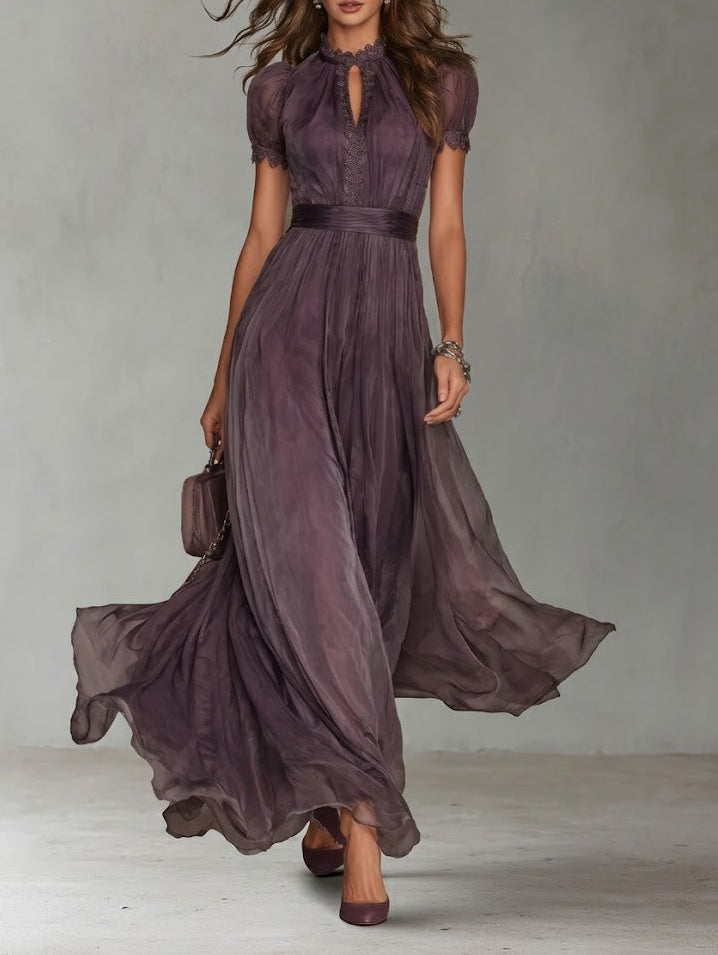 Flavia - Vestido largo morado con escote en forma de gota y borde de encaje de gasa