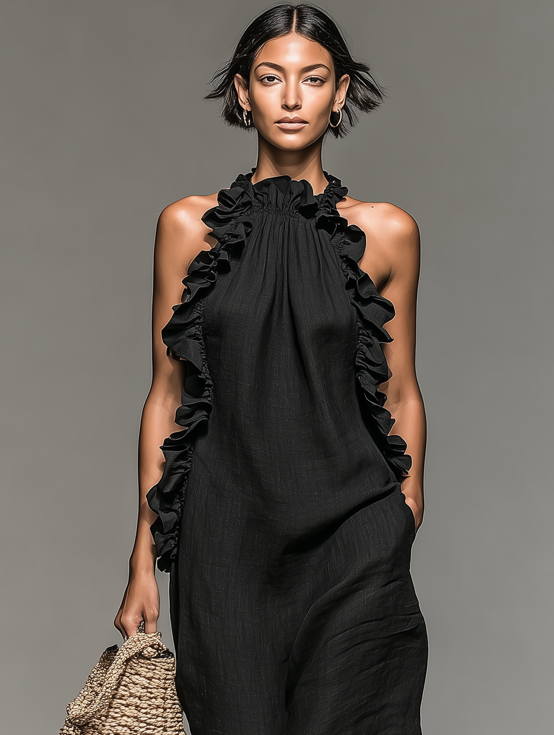 Vestido Maxi Sin Mangas de Lino Minimalista para Mujeres con Detalles de Volantes
