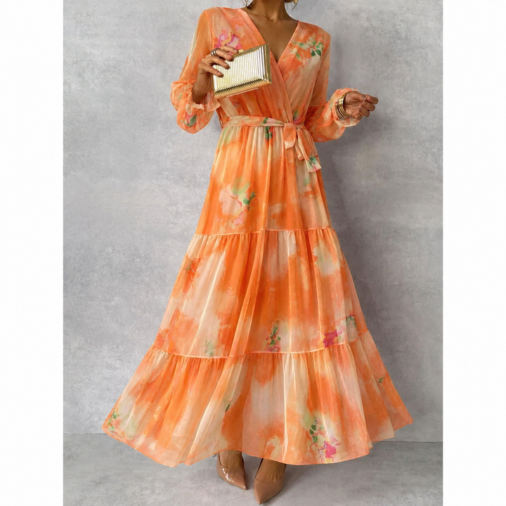 Suzanne | Vestido Boho de Chiffon con Estampado Floral de Manga Larga de Verano