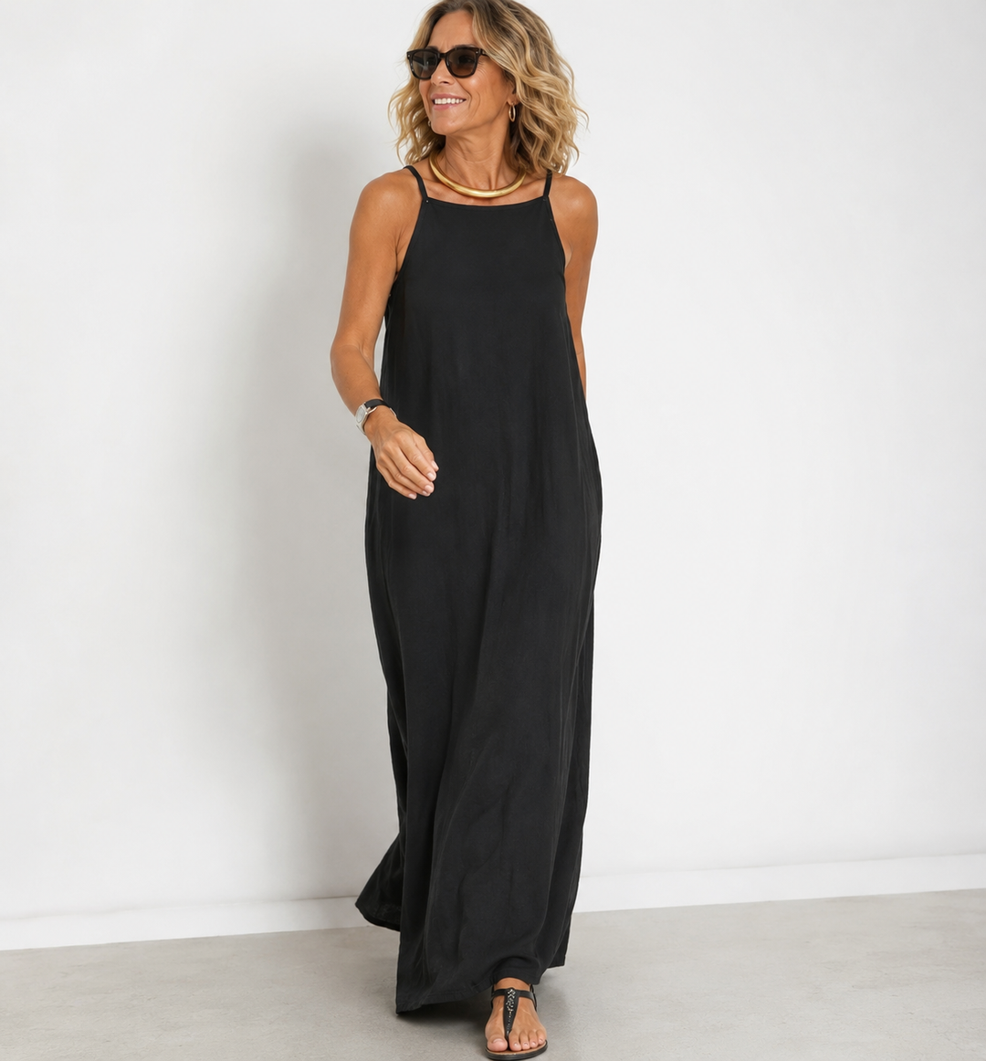 June | Larga vestido de algodón lino con abertura lateral, vestido de verano para damas