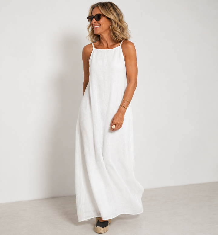 June | Larga vestido de algodón lino con abertura lateral, vestido de verano para damas