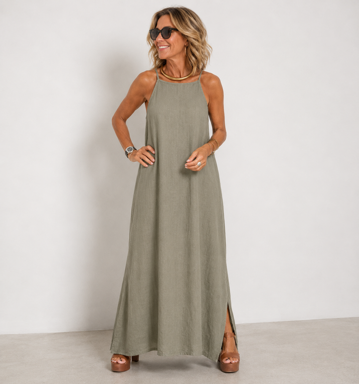 June | Larga vestido de algodón lino con abertura lateral, vestido de verano para damas