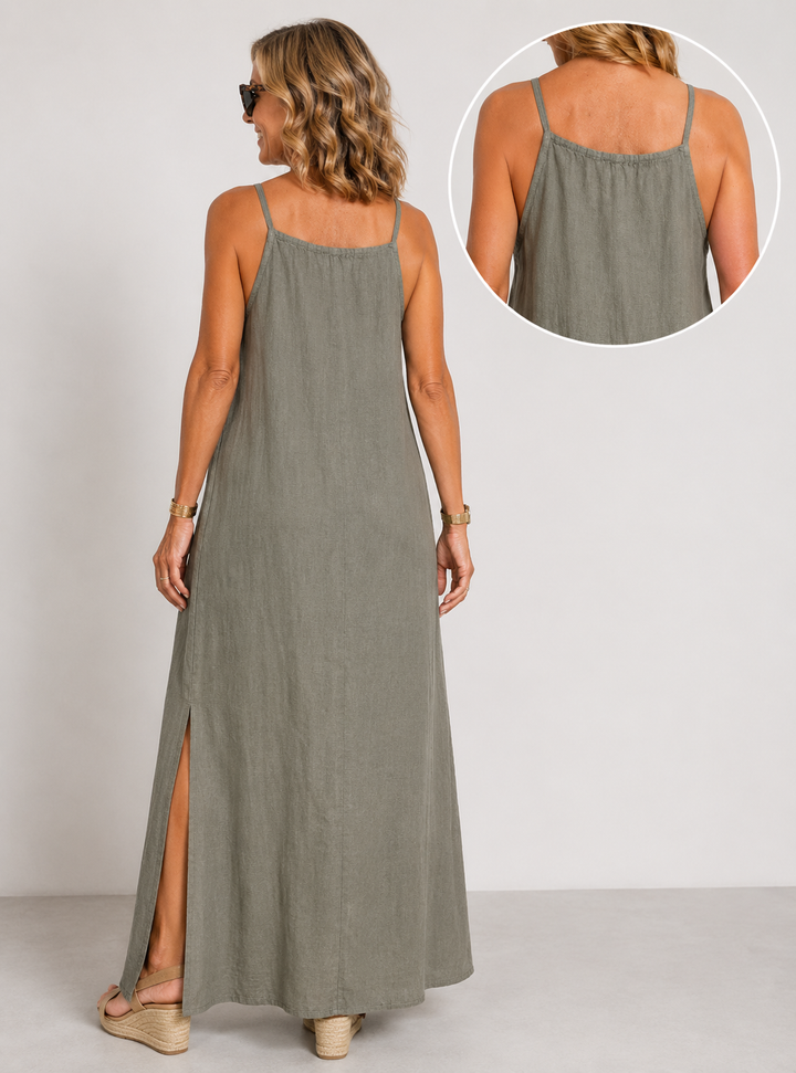 June | Larga vestido de algodón lino con abertura lateral, vestido de verano para damas