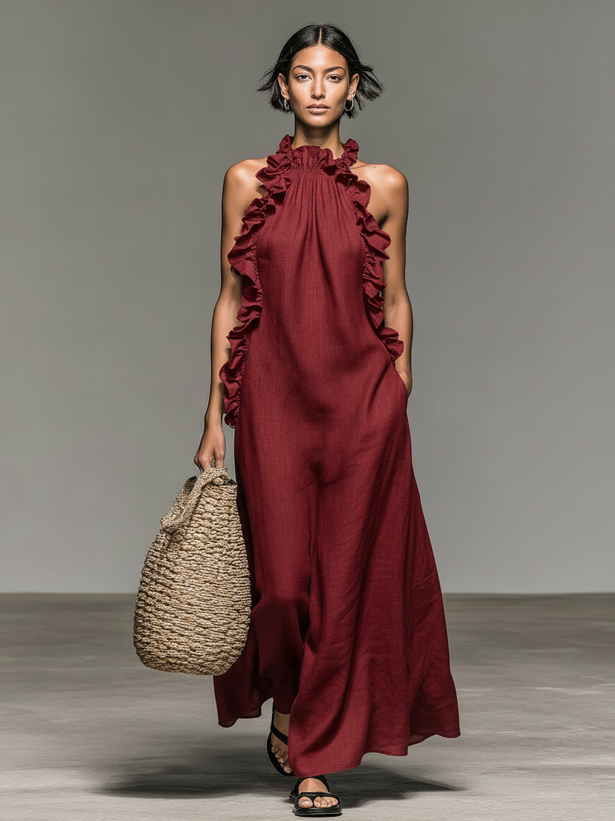 Vestido Maxi Sin Mangas de Lino Minimalista para Mujeres con Detalles de Volantes