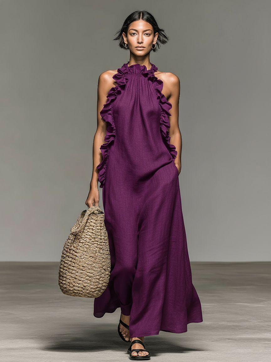 Vestido Maxi Sin Mangas de Lino Minimalista para Mujeres con Detalles de Volantes