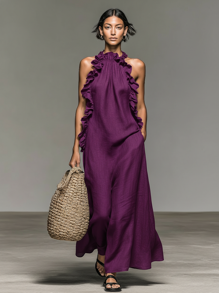 Vestido Maxi Sin Mangas de Lino Minimalista para Mujeres con Detalles de Volantes