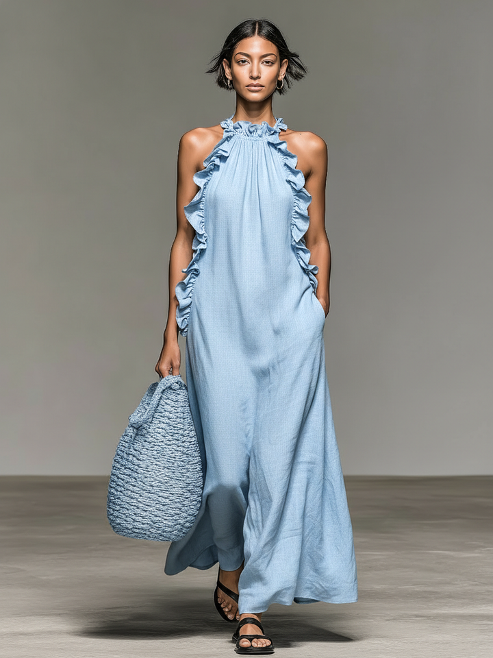 Vestido Maxi Sin Mangas de Lino Minimalista para Mujeres con Detalles de Volantes