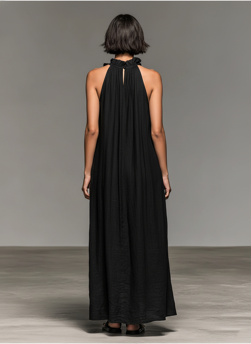 Vestido Maxi Sin Mangas de Lino Minimalista para Mujeres con Detalles de Volantes