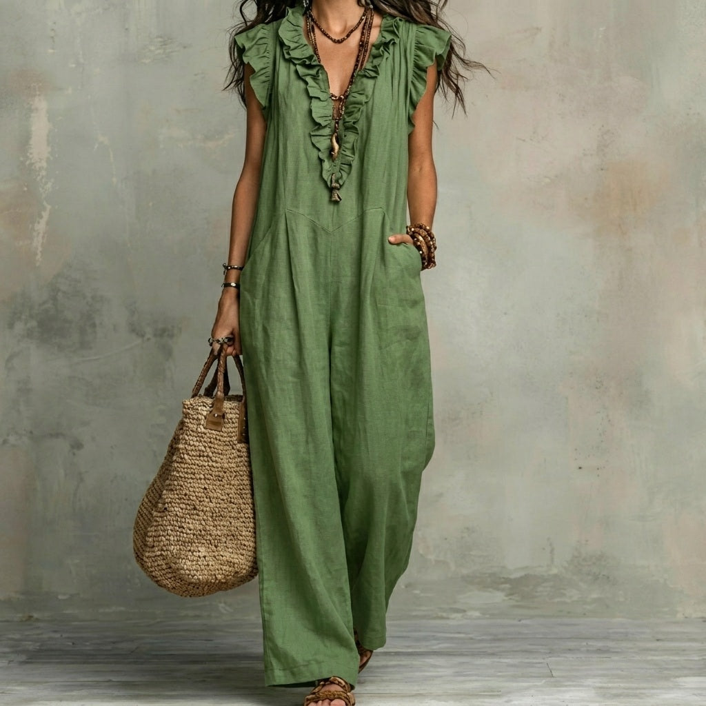 Josefina™ | Vestido Largo de Lino Texturizado con Escote en Pico y Volantes