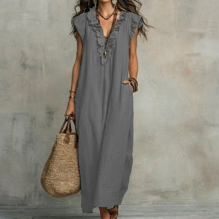 Josefina™ | Vestido Largo de Lino Texturizado con Escote en Pico y Volantes