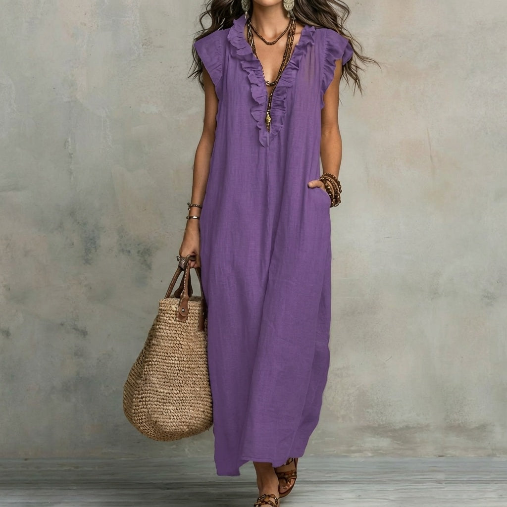Josefina™ | Vestido Largo de Lino Texturizado con Escote en Pico y Volantes