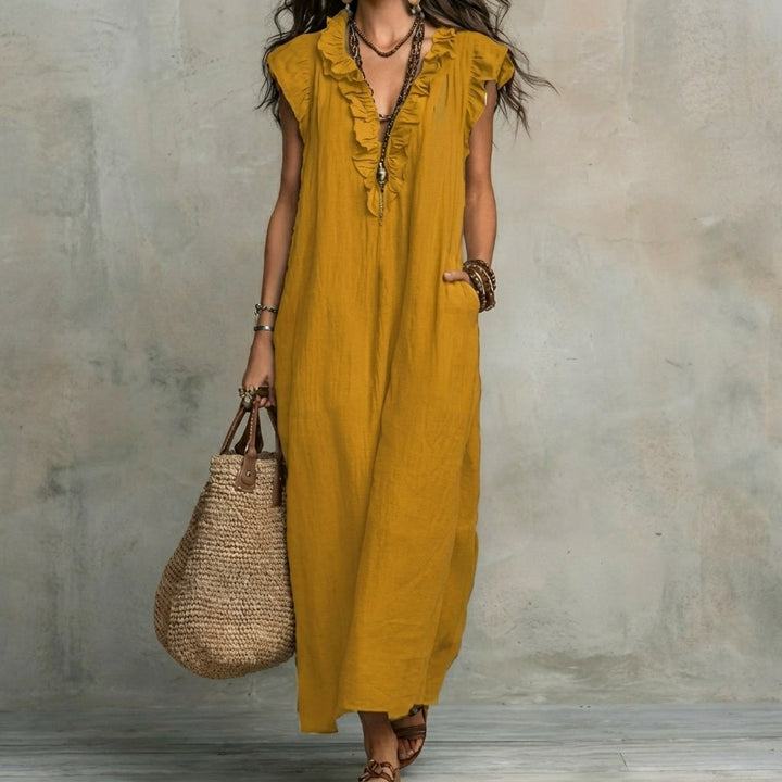 Josefina™ | Vestido Largo de Lino Texturizado con Escote en Pico y Volantes