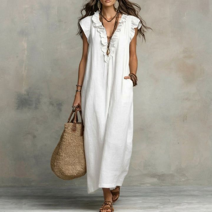 Josefina™ | Vestido Largo de Lino Texturizado con Escote en Pico y Volantes