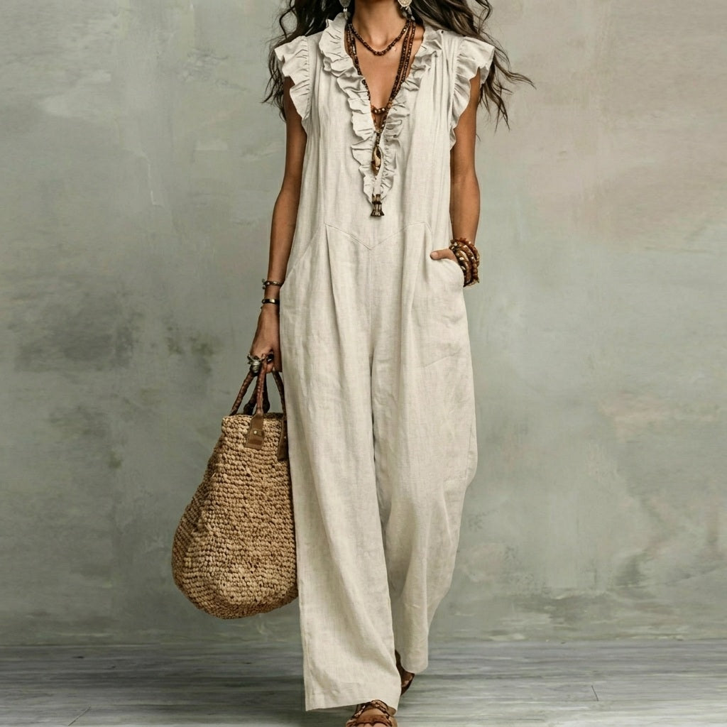 Josefina™ | Vestido Largo de Lino Texturizado con Escote en Pico y Volantes
