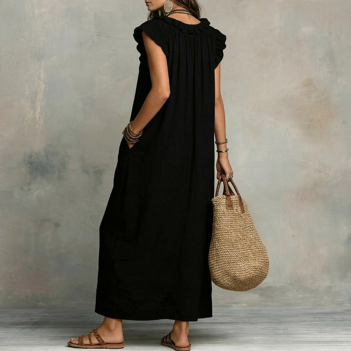 Josefina™ | Vestido Largo de Lino Texturizado con Escote en Pico y Volantes