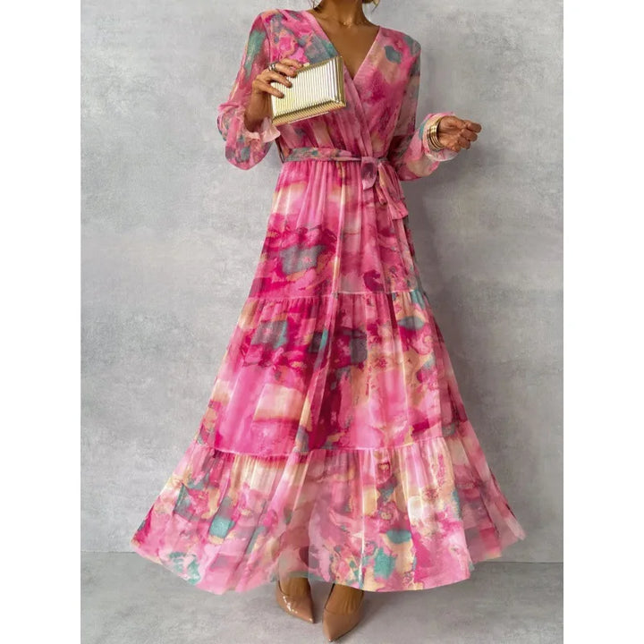 Suzanne | Vestido Boho de Chiffon con Estampado Floral de Manga Larga de Verano