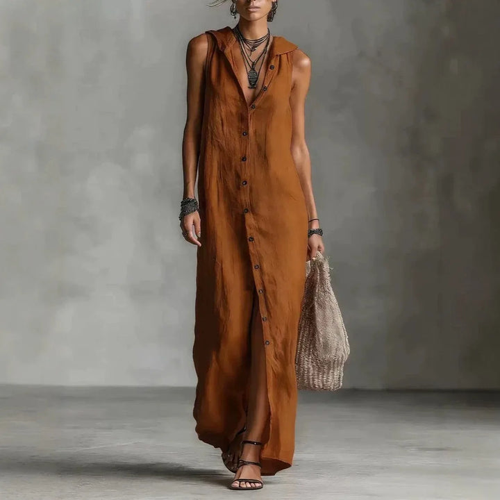 Jesse | Nuevos vestidos de verano de color sólido con botón, abertura, sin mangas, largos