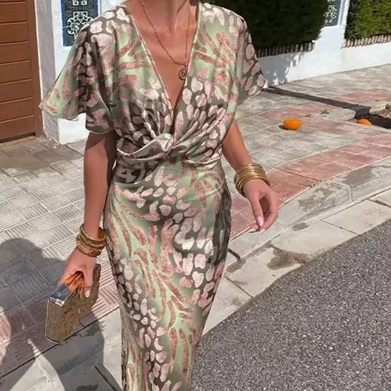 Julie | Nuevo vestido de verano ajustado para damas con estampado sexy de cuello en V y cintura media