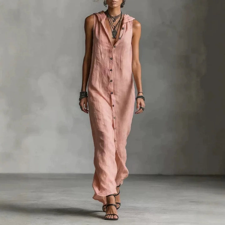Jesse | Nuevos vestidos de verano de color sólido con botón, abertura, sin mangas, largos