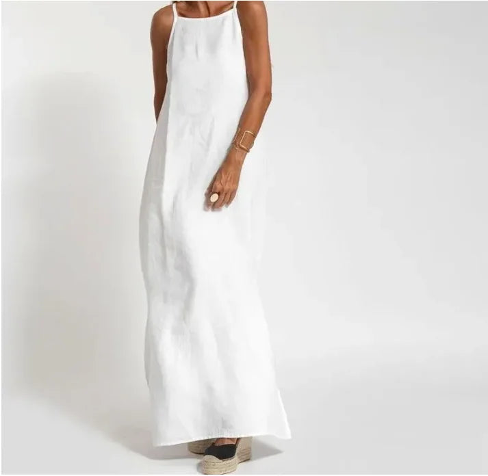 June | Larga vestido de algodón lino con abertura lateral, vestido de verano para damas