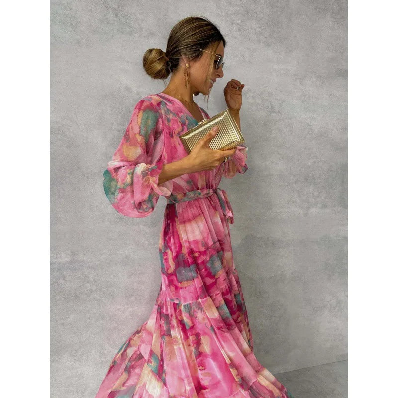 Suzanne | Vestido Boho de Chiffon con Estampado Floral de Manga Larga de Verano