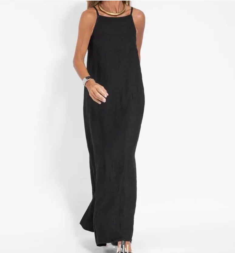 June | Larga vestido de algodón lino con abertura lateral, vestido de verano para damas