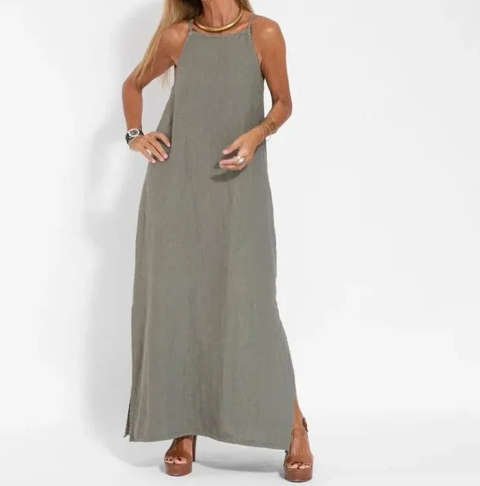 June | Larga vestido de algodón lino con abertura lateral, vestido de verano para damas