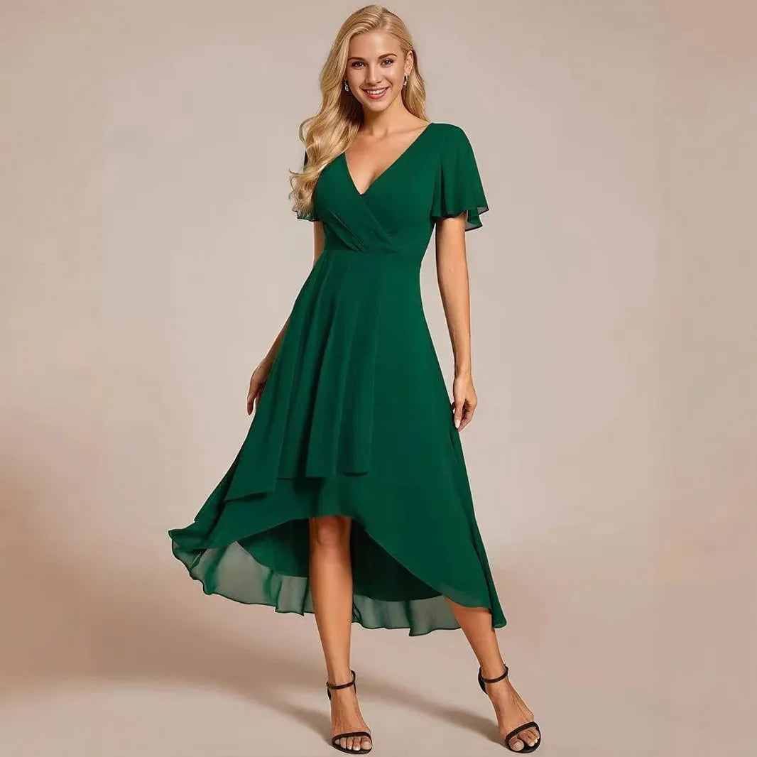 Julia | vestido de fiesta elegante sin mangas de chifón color sólido con cuello en V y volantes