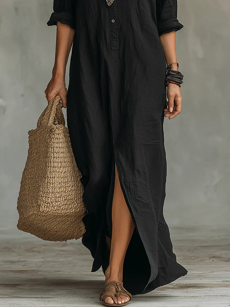 Selena™ | Vestido Maxi Negro Suelto con Botones