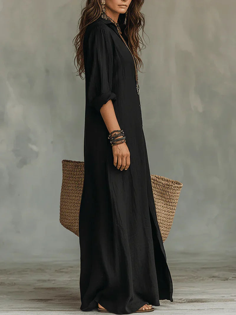 Selena™ | Vestido Maxi Negro Suelto con Botones