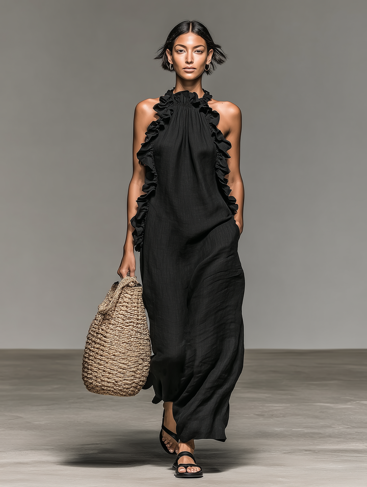 Vestido Maxi Sin Mangas de Lino Minimalista para Mujeres con Detalles de Volantes